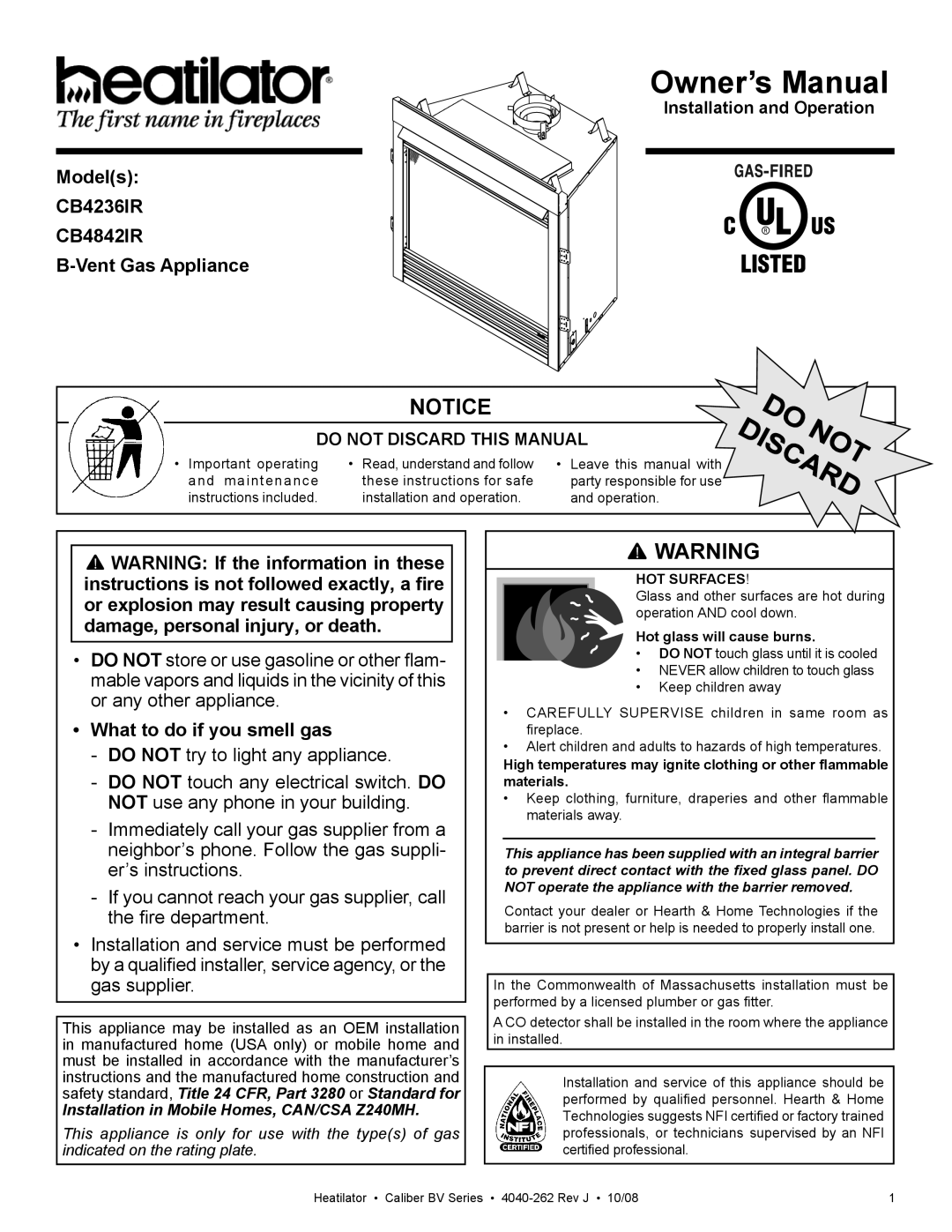 Hearth and Home Technologies owner manual Models CB4236IR CB4842IR Vent Gas Appliance, What to do if you smell gas 