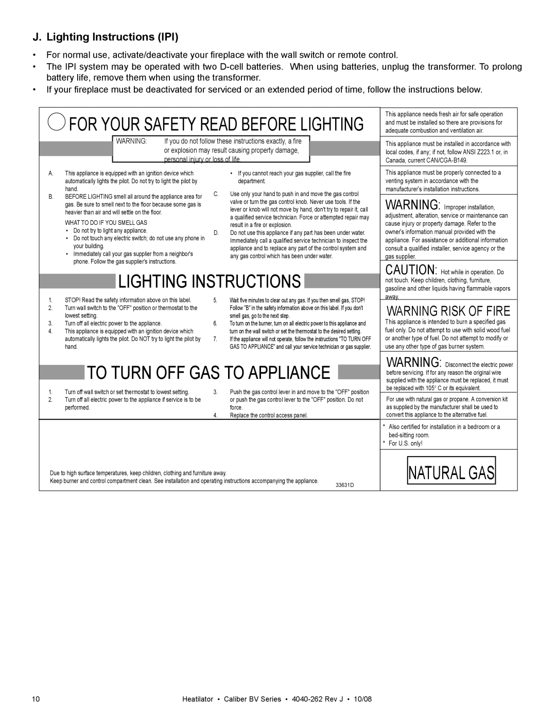 Hearth and Home Technologies CB4236IR, CB4842IR owner manual For Your Safety Read Before Lighting, Lighting Instructions IPI 