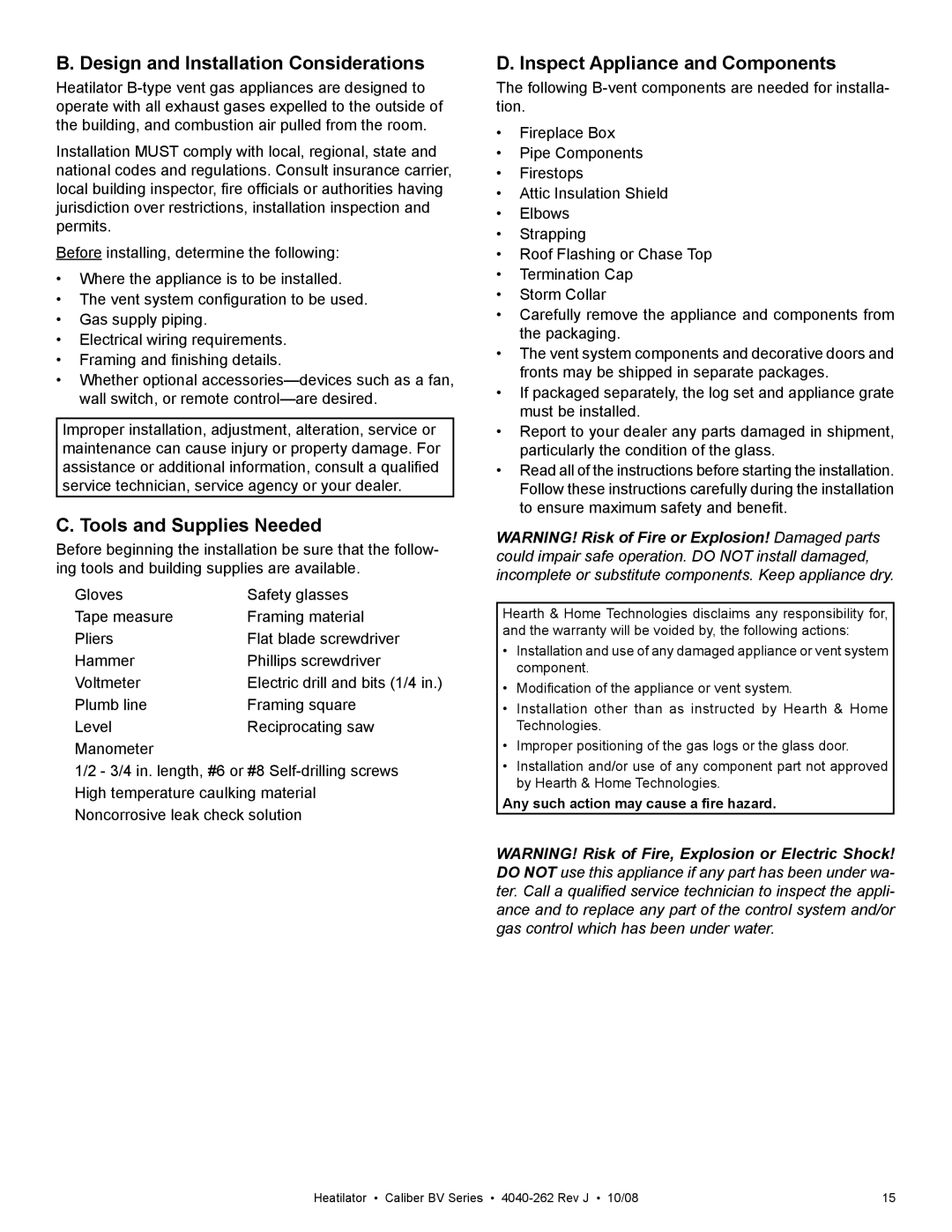 Hearth and Home Technologies CB4842IR, CB4236IR Design and Installation Considerations, Tools and Supplies Needed 