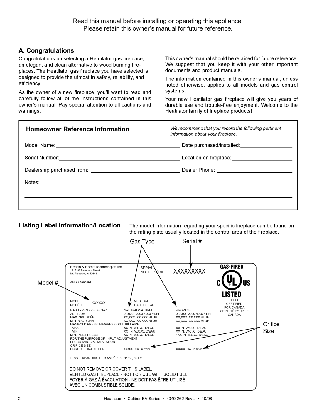 Hearth and Home Technologies CB4236IR, CB4842IR owner manual Congratulations, Homeowner Reference Information 