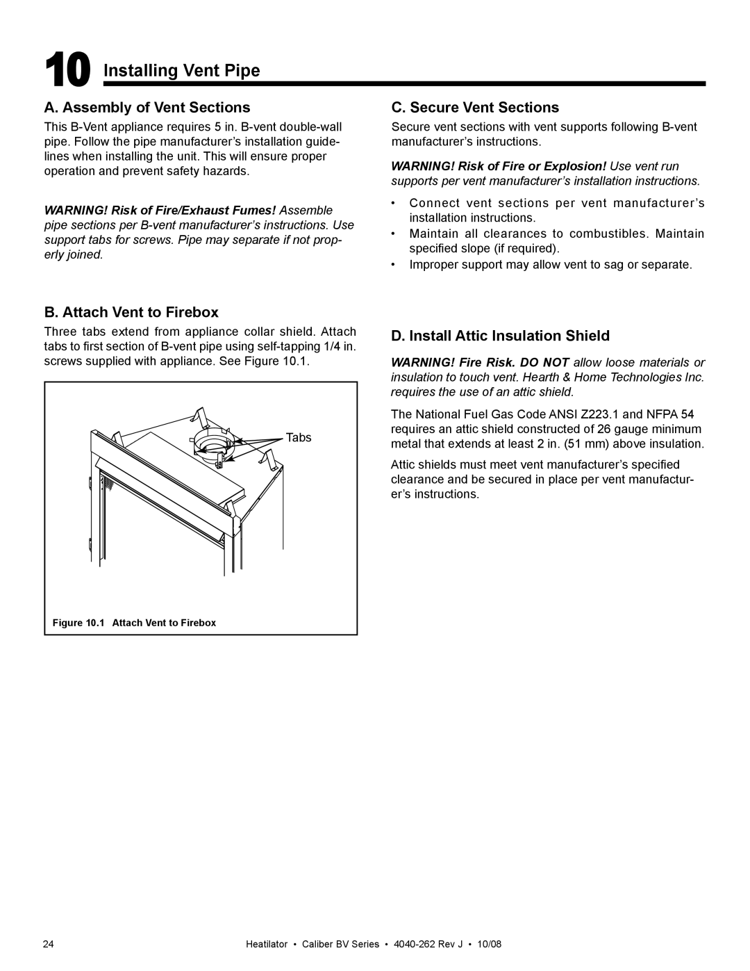 Hearth and Home Technologies CB4236IR, CB4842IR Installing Vent Pipe, Assembly of Vent Sections, Secure Vent Sections 