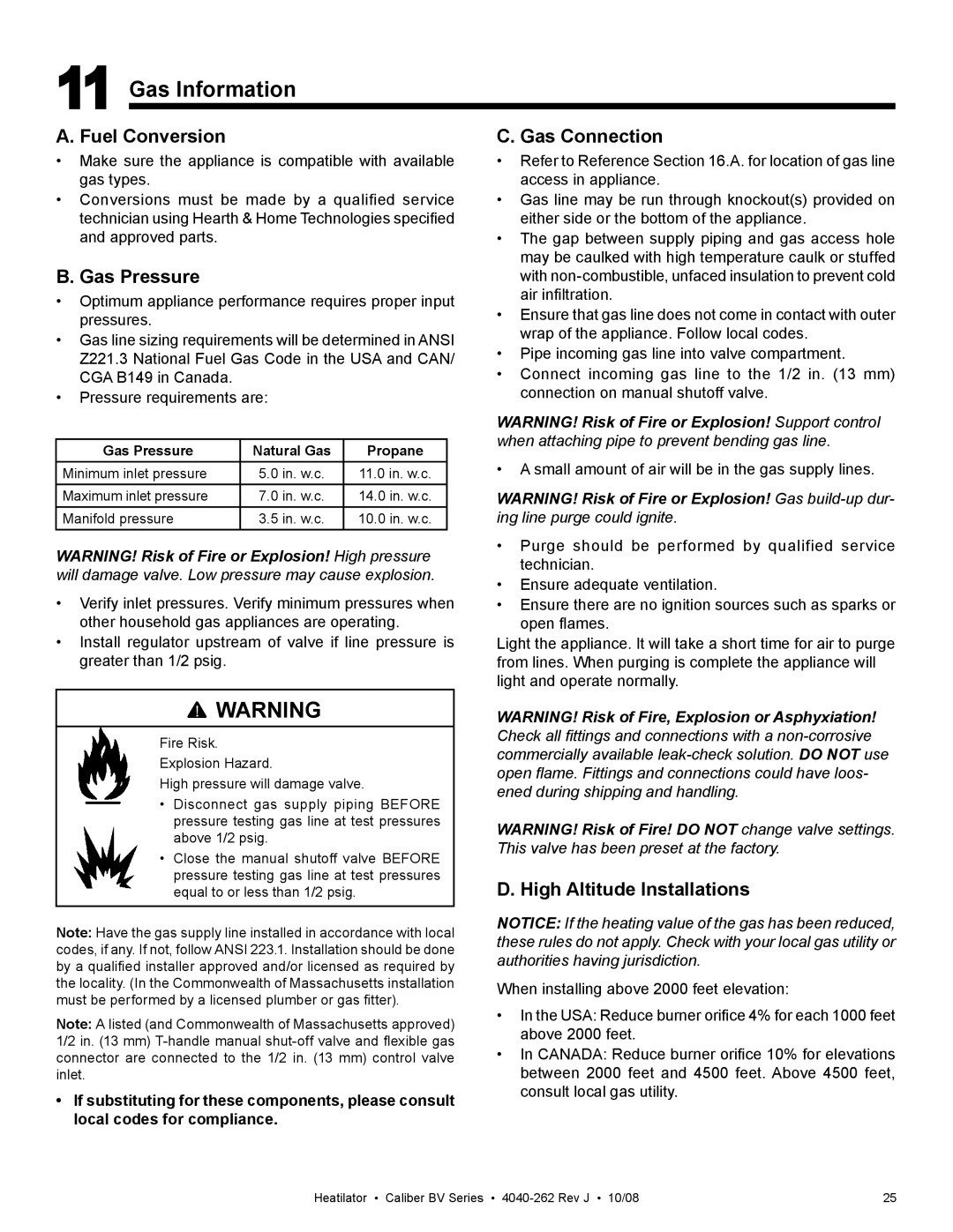 Hearth and Home Technologies CB4842IR, CB4236IR owner manual Gas Information, Fuel Conversion, Gas Pressure, Gas Connection 