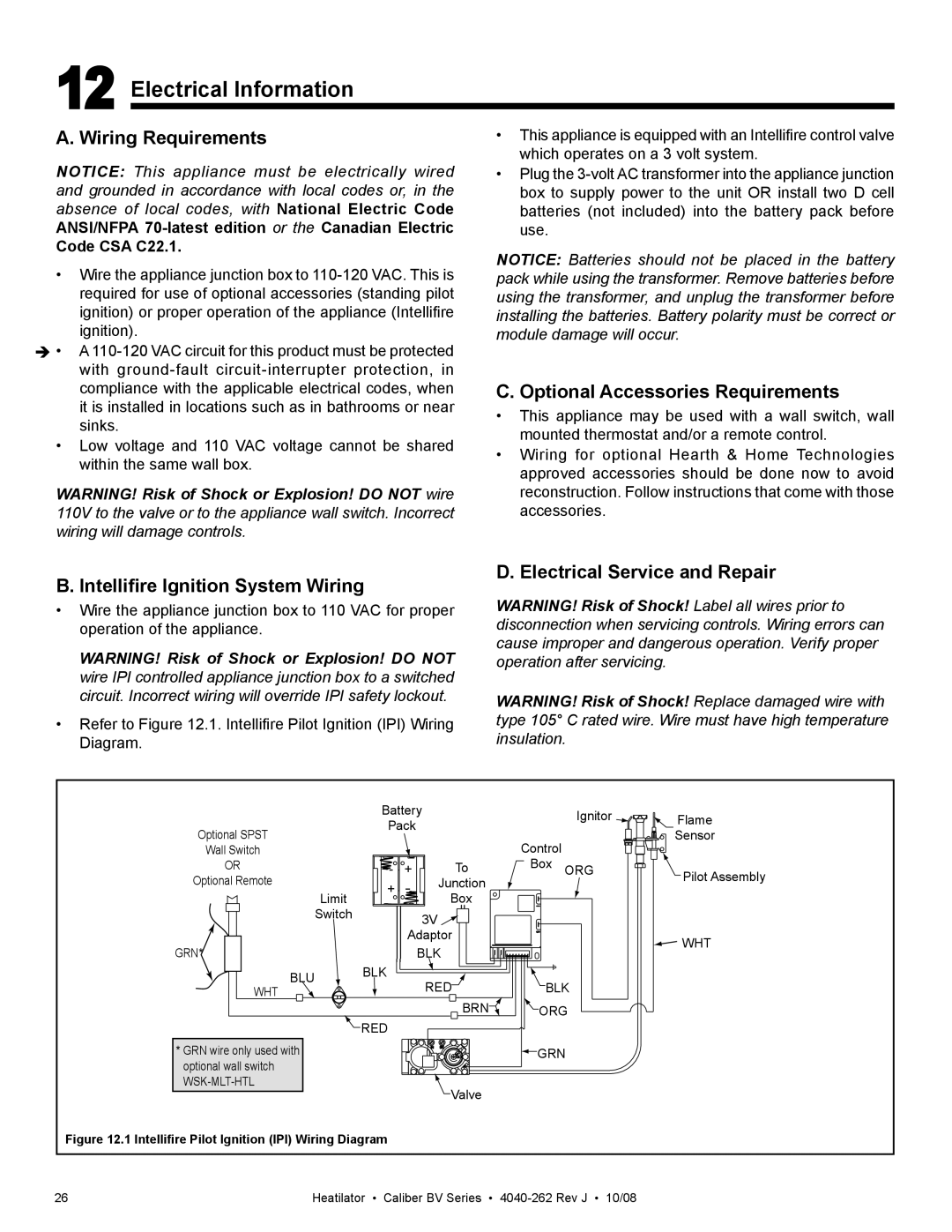 Hearth and Home Technologies CB4236IR Electrical Information, Wiring Requirements, Optional Accessories Requirements 