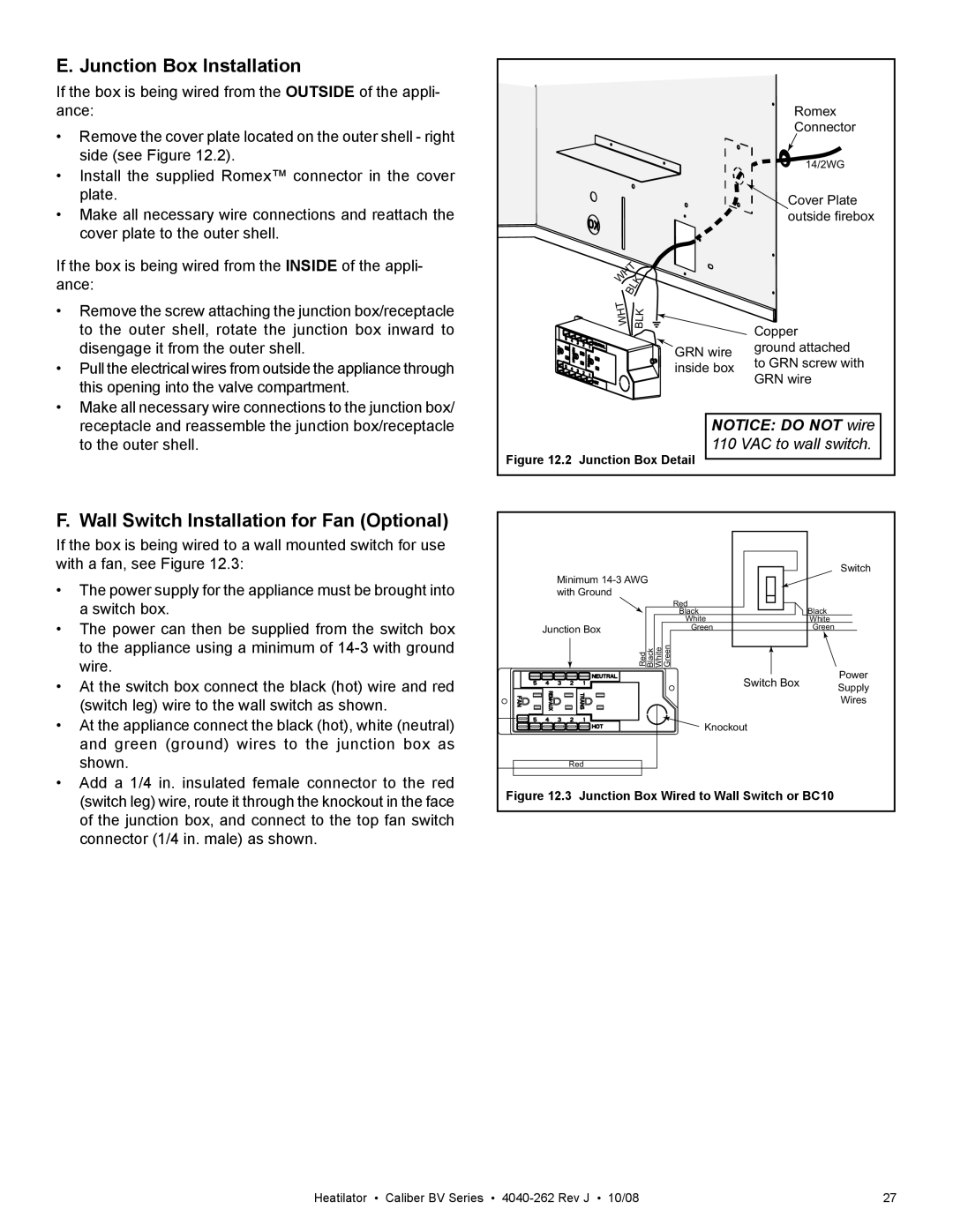 Hearth and Home Technologies CB4842IR, CB4236IR Junction Box Installation, Wall Switch Installation for Fan Optional 