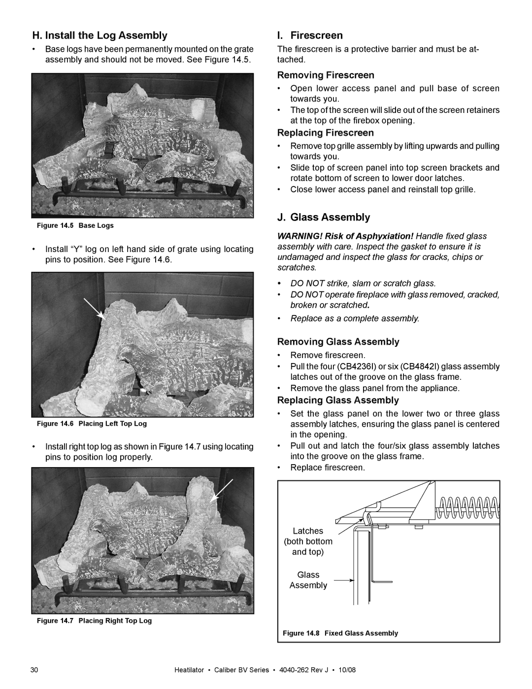 Hearth and Home Technologies CB4236IR, CB4842IR owner manual Install the Log Assembly, Firescreen, Glass Assembly 