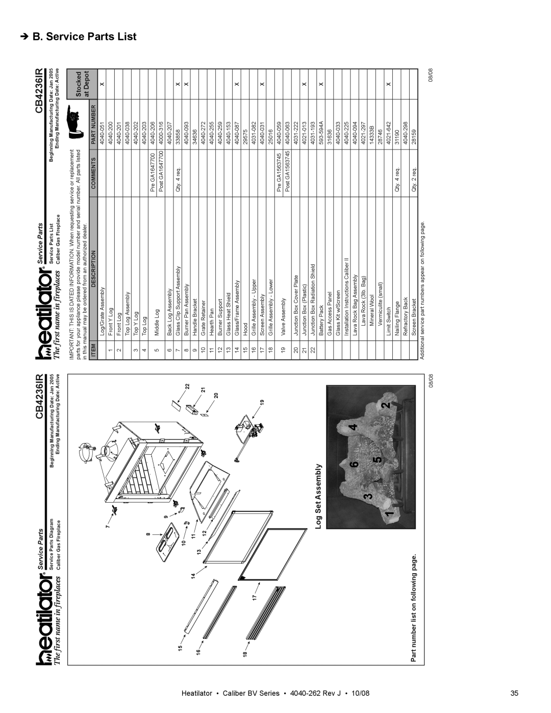 Hearth and Home Technologies CB4842IR owner manual Service Parts List, CB4236IR 