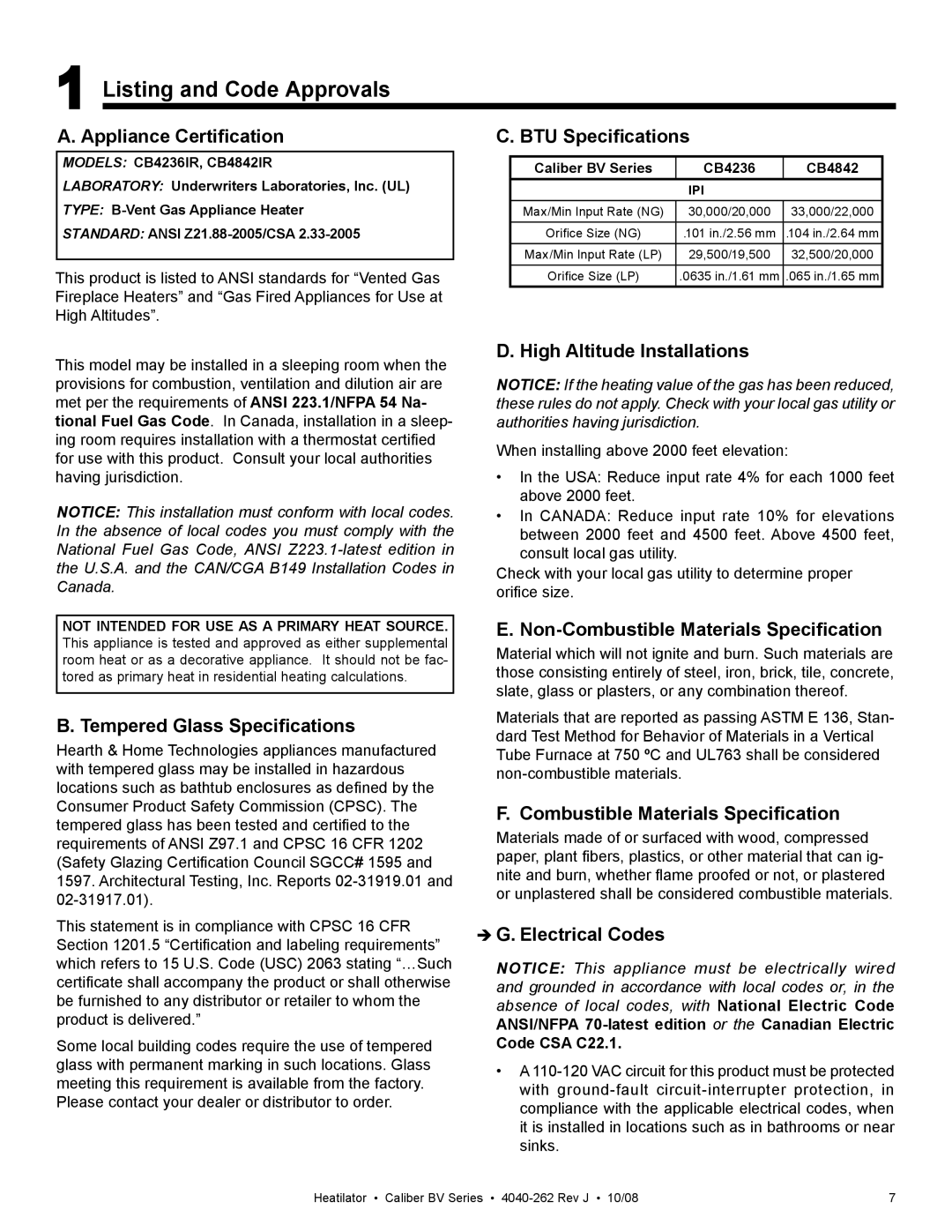 Hearth and Home Technologies CB4842IR, CB4236IR owner manual Listing and Code Approvals 