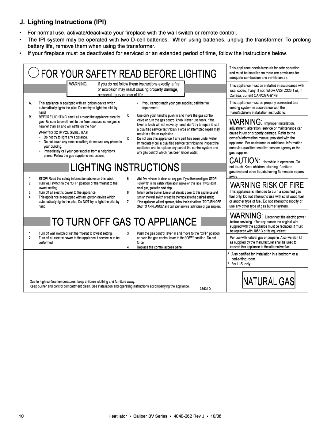 Hearth and Home Technologies CB4236IR, CB4842IR J. Lighting Instructions IPI, Natural Gas, To Turn Off Gas To Appliance 
