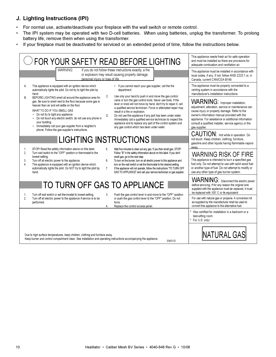 Hearth and Home Technologies CB4842MIR, CB4236MIR For Your Safety Read Before Lighting, Lighting Instructions IPI 