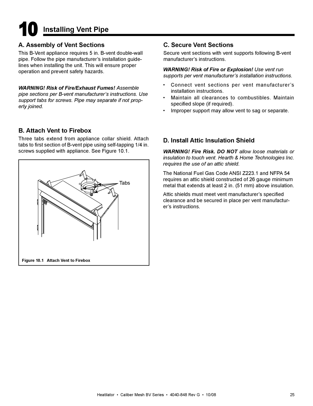 Hearth and Home Technologies CB4236MIR, CB4842MIR Installing Vent Pipe, Assembly of Vent Sections, Secure Vent Sections 