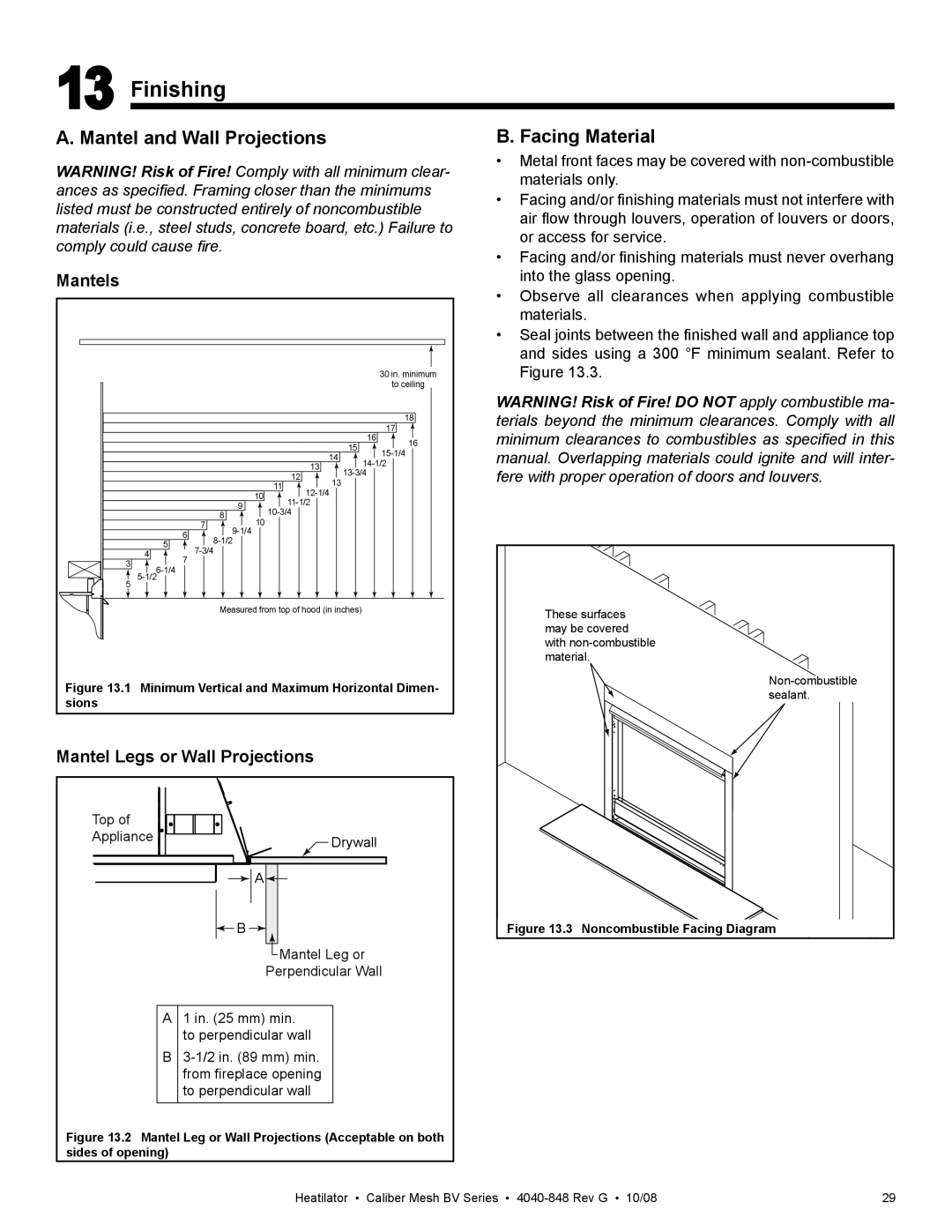 Hearth and Home Technologies CB4236MIR, CB4842MIR owner manual Finishing, Facing Material 