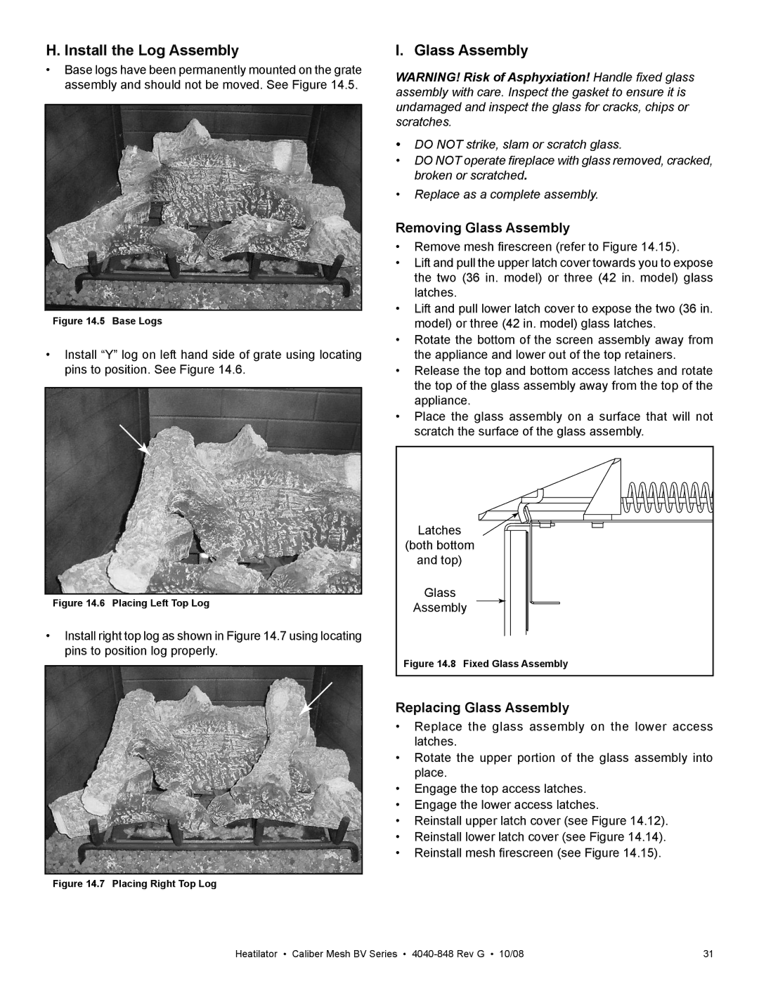 Hearth and Home Technologies CB4236MIR Install the Log Assembly, Removing Glass Assembly, Replacing Glass Assembly 