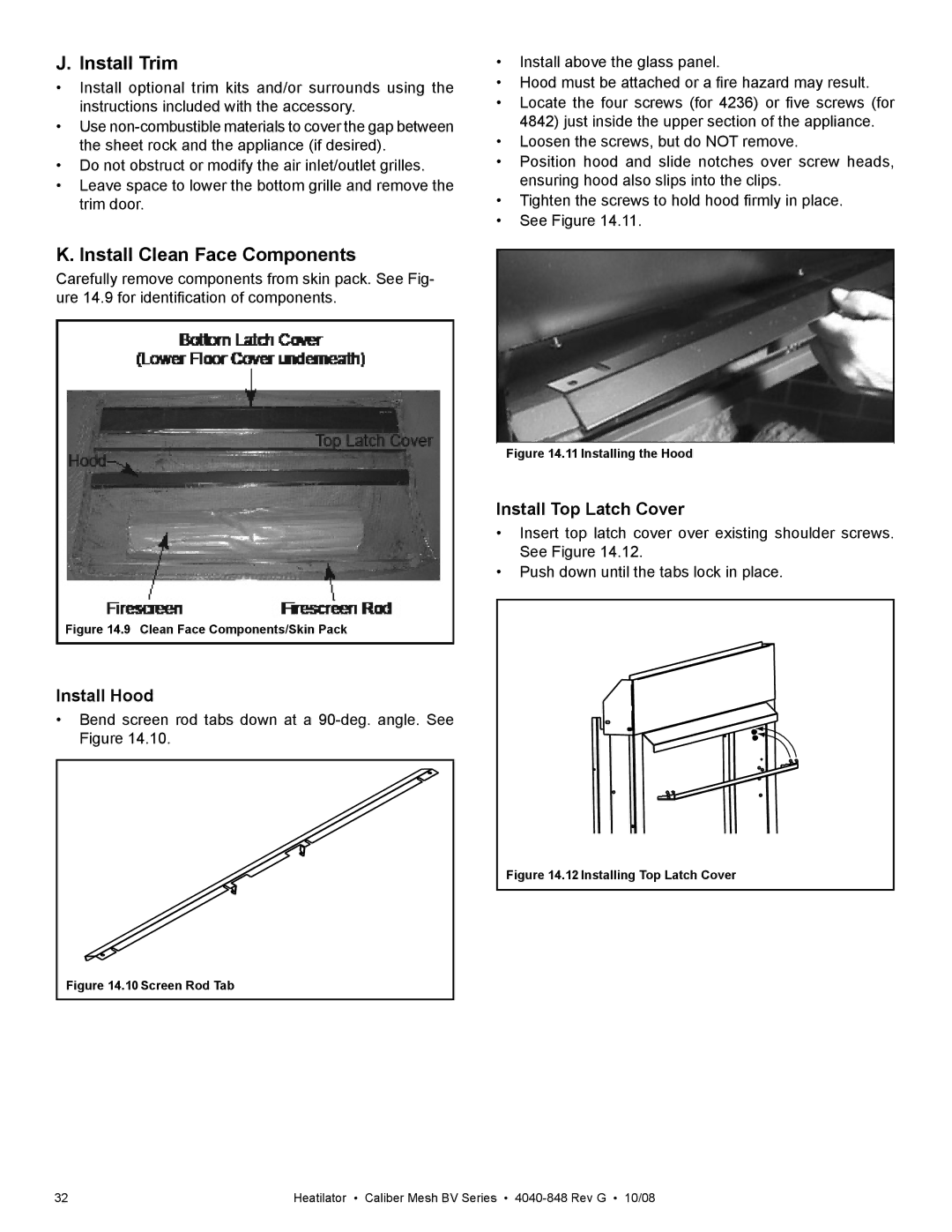 Hearth and Home Technologies CB4842MIR Install Trim, Install Clean Face Components, Install Hood, Install Top Latch Cover 