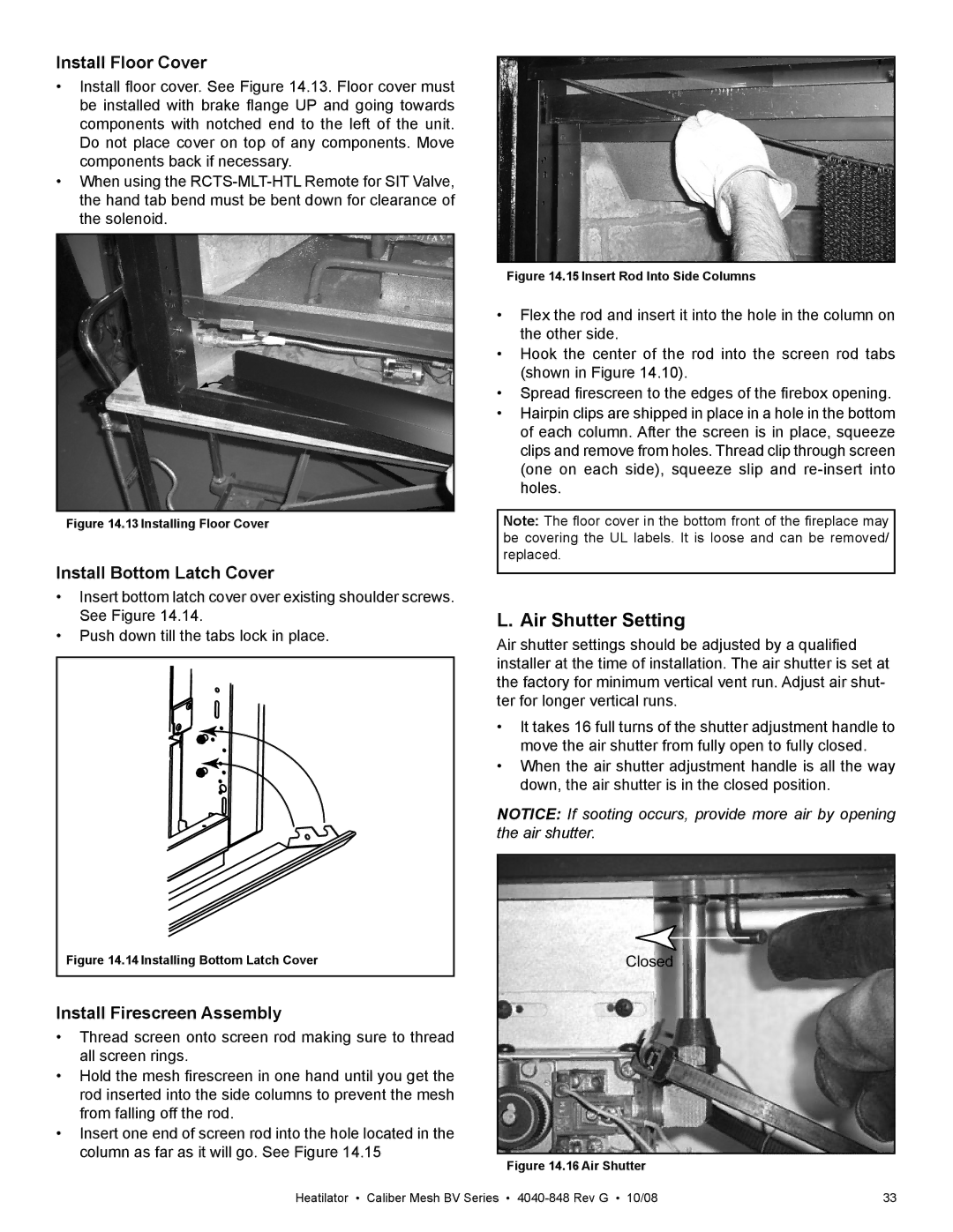 Hearth and Home Technologies CB4236MIR, CB4842MIR Air Shutter Setting, Install Floor Cover, Install Bottom Latch Cover 