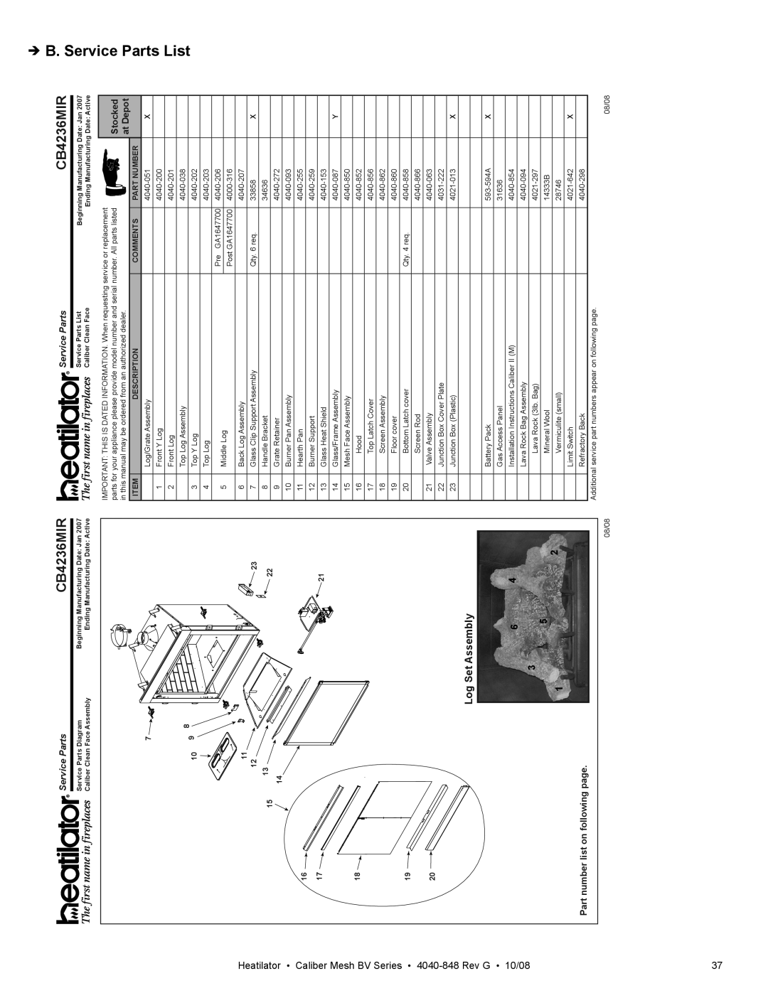 Hearth and Home Technologies CB4236MIR, CB4842MIR owner manual Service Parts List 