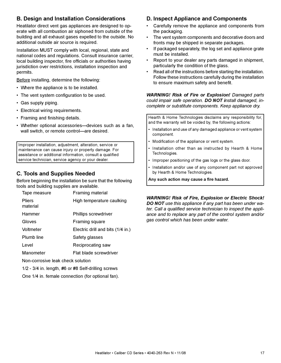 Hearth and Home Technologies CD4842LR, CD4842ILR, CD4842R Design and Installation Considerations, Tools and Supplies Needed 