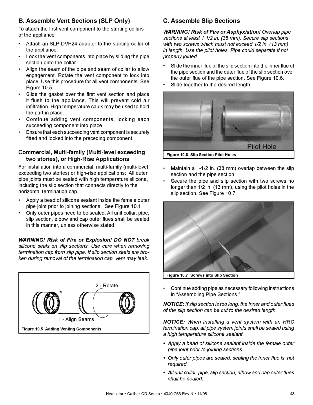 Hearth and Home Technologies CD4236R, CD4842ILR, CD4842LR, CD4842R Assemble Vent Sections SLP Only, Assemble Slip Sections 