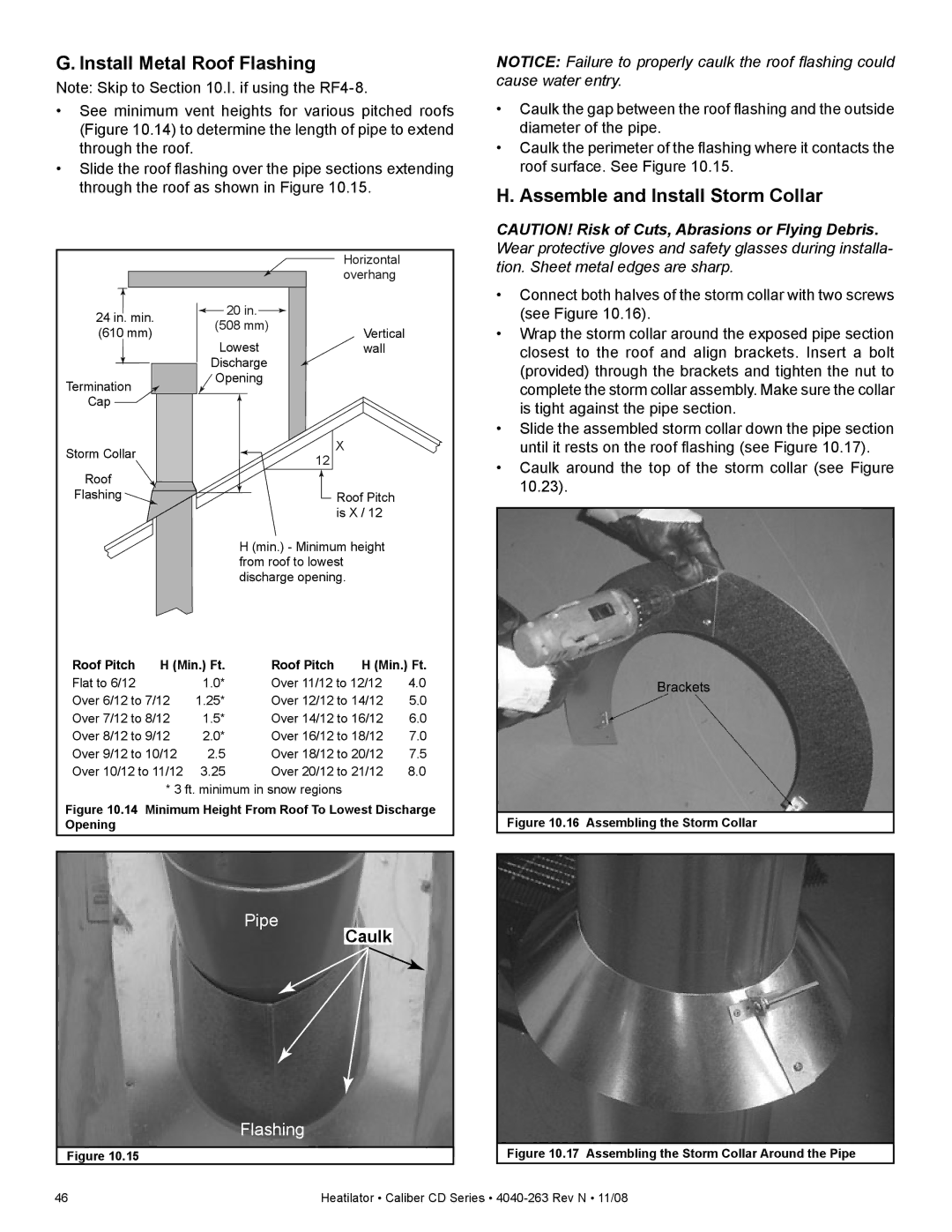 Hearth and Home Technologies CD4236IR, CD4842ILR Install Metal Roof Flashing, Assemble and Install Storm Collar, Caulk 