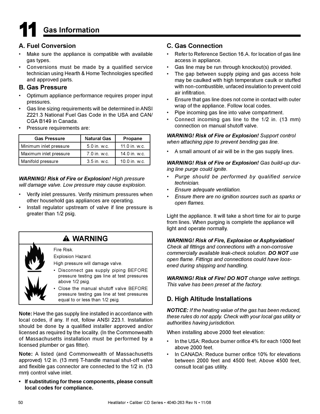 Hearth and Home Technologies CD4842R, CD4842ILR, CD4842LR Gas Information, Fuel Conversion, Gas Pressure, Gas Connection 