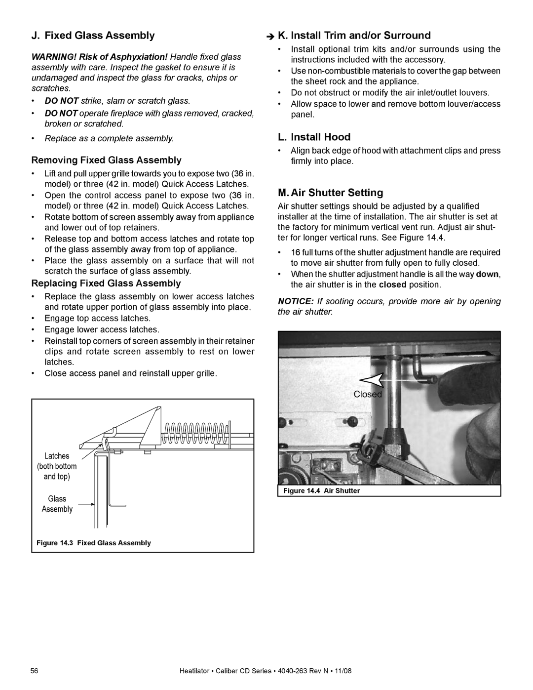 Hearth and Home Technologies CD4842ILR, CD4842LR, CD4842R Install Trim and/or Surround, Install Hood, Air Shutter Setting 