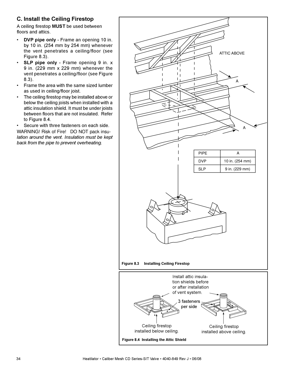 Hearth and Home Technologies CD4842MLR, CD4842MR, CD4842MIR Install the Ceiling Firestop, Installing Ceiling Firestop 