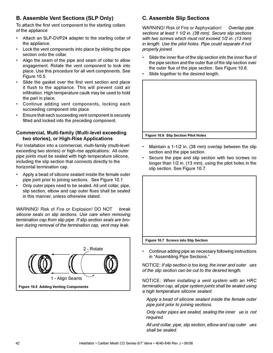 Hearth and Home Technologies CD4842MLR, CD4842MR, CD4842MIR Assemble Vent Sections SLP Only, Assemble Slip Sections 