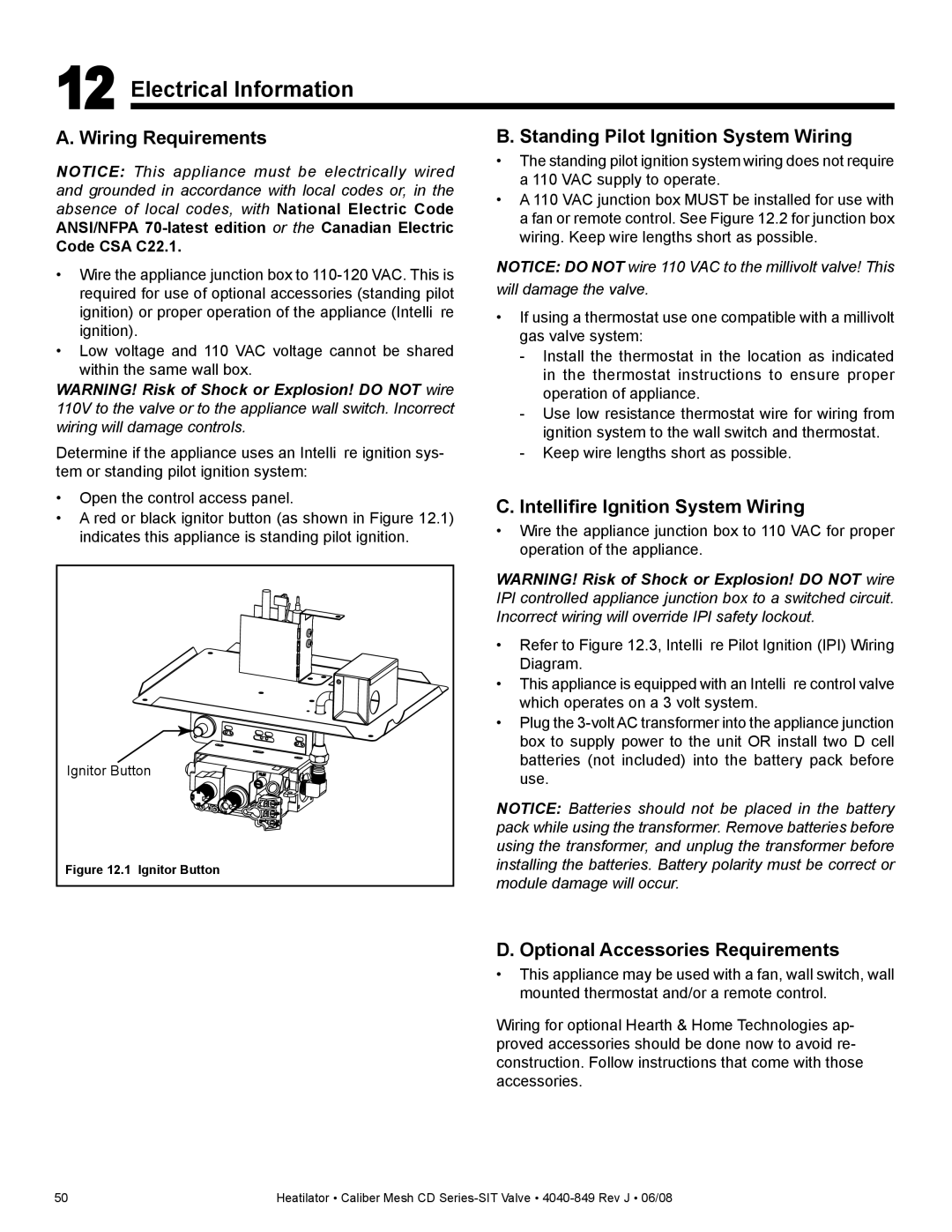 Hearth and Home Technologies CD4842MLR Electrical Information, Wiring Requirements, Standing Pilot Ignition System Wiring 