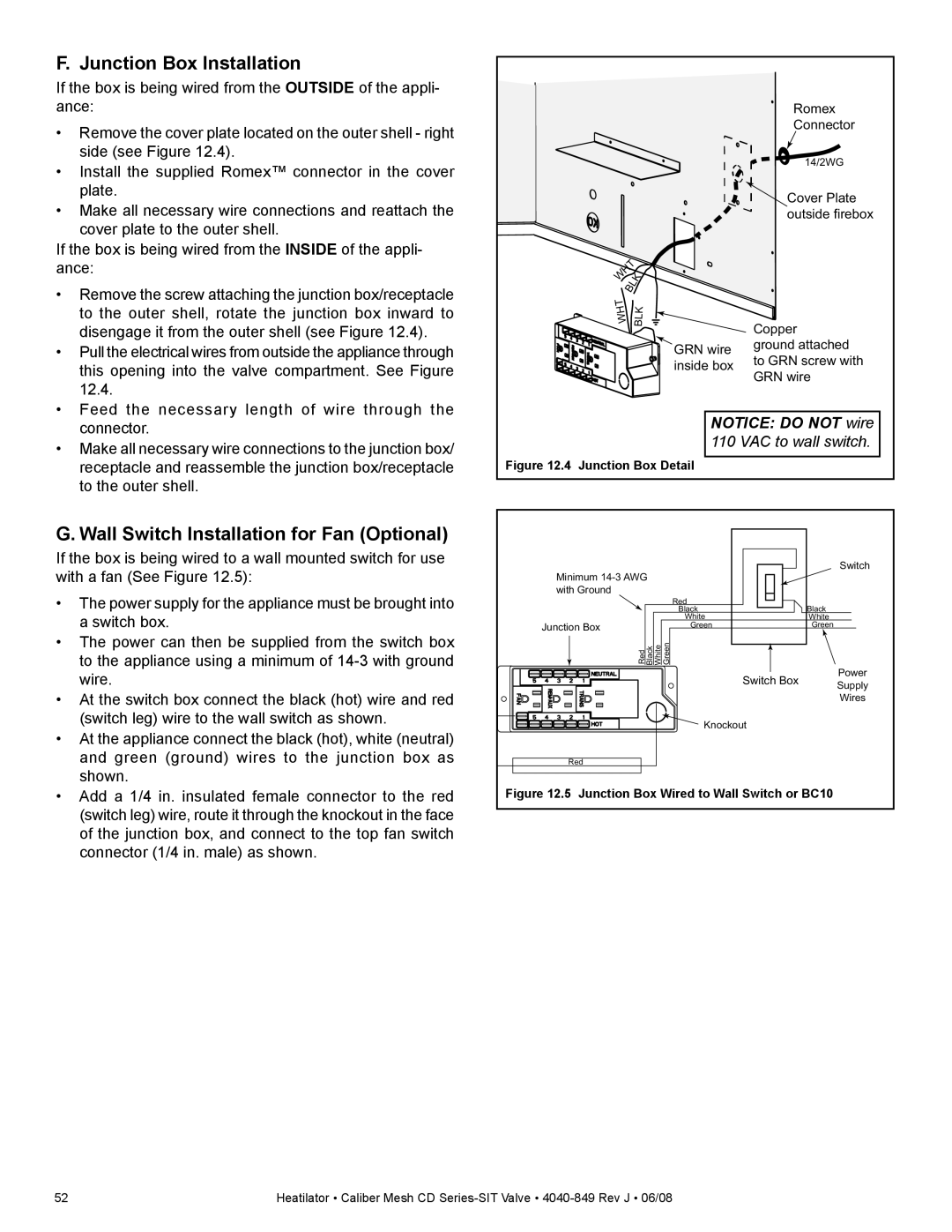 Hearth and Home Technologies CD4236MLR, CD4842MR Junction Box Installation, Wall Switch Installation for Fan Optional 