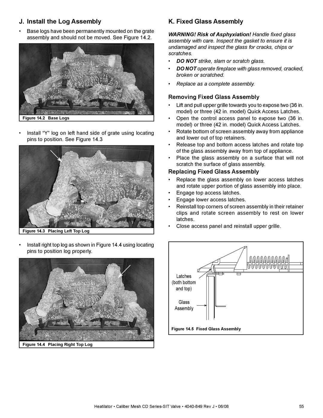 Hearth and Home Technologies CD4236MIR, CD4842MR, CD4842MIR Install the Log Assembly, Removing Fixed Glass Assembly 