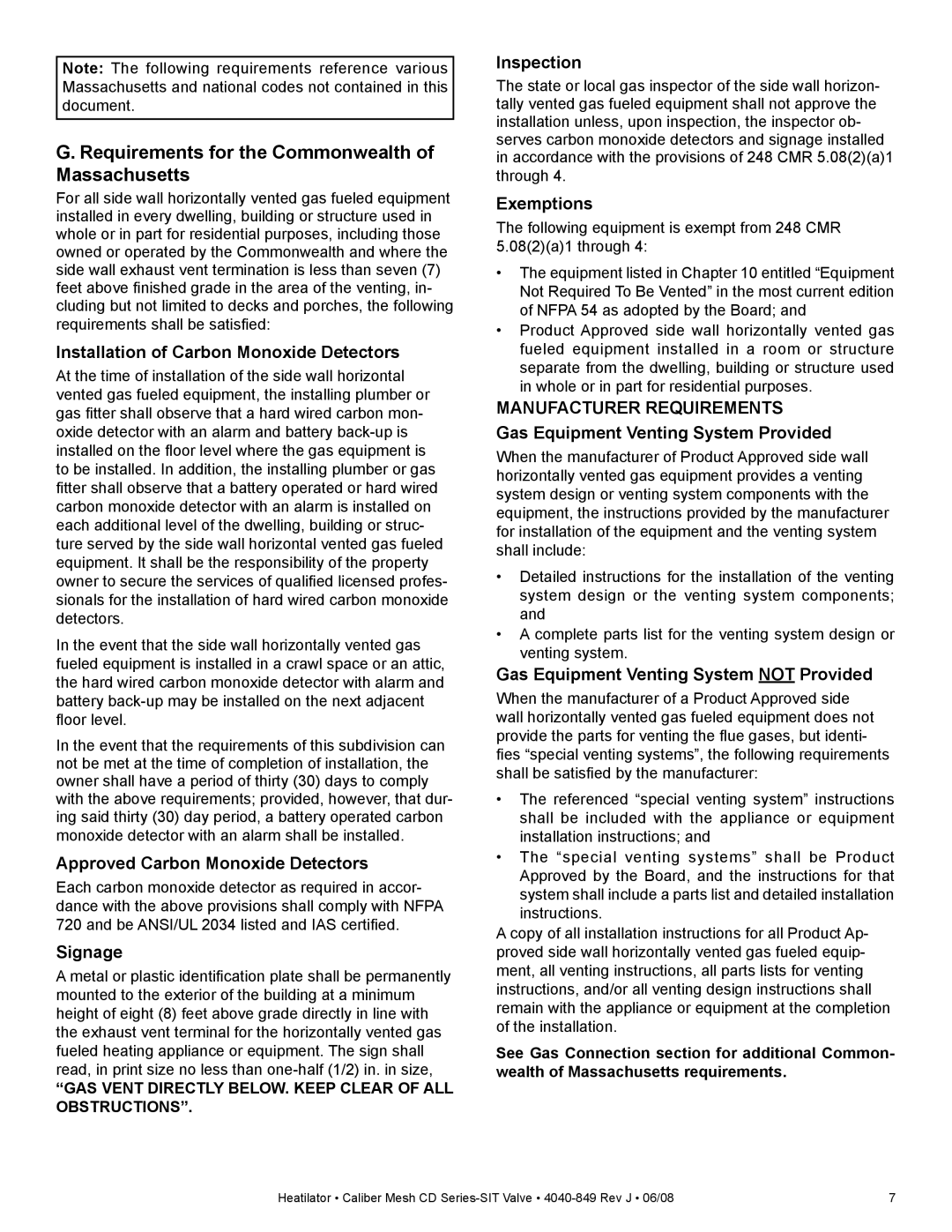 Hearth and Home Technologies CD4236MIR, CD4842MR, CD4842MIR, CD4842MLR Requirements for the Commonwealth of Massachusetts 