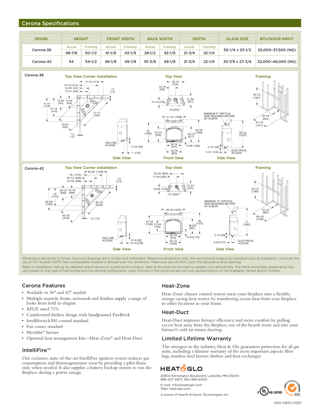 Hearth and Home Technologies CERONA-36 manual Cerona Specifications 