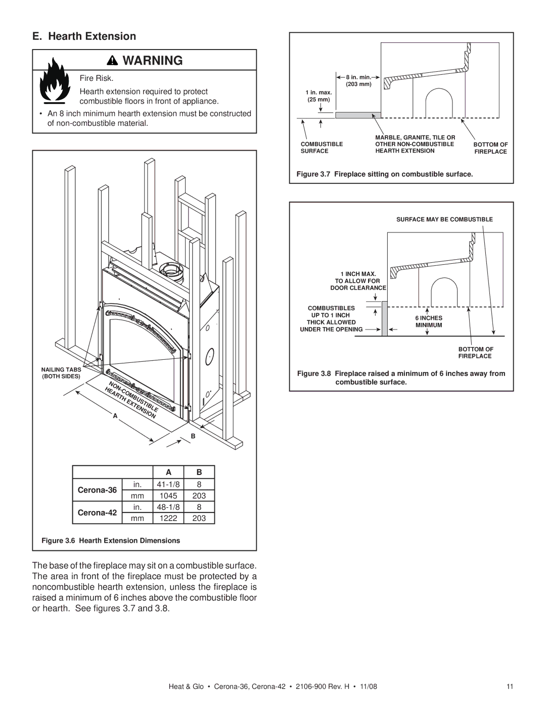 Hearth and Home Technologies CERONA-42 owner manual Hearth Extension Dimensions 