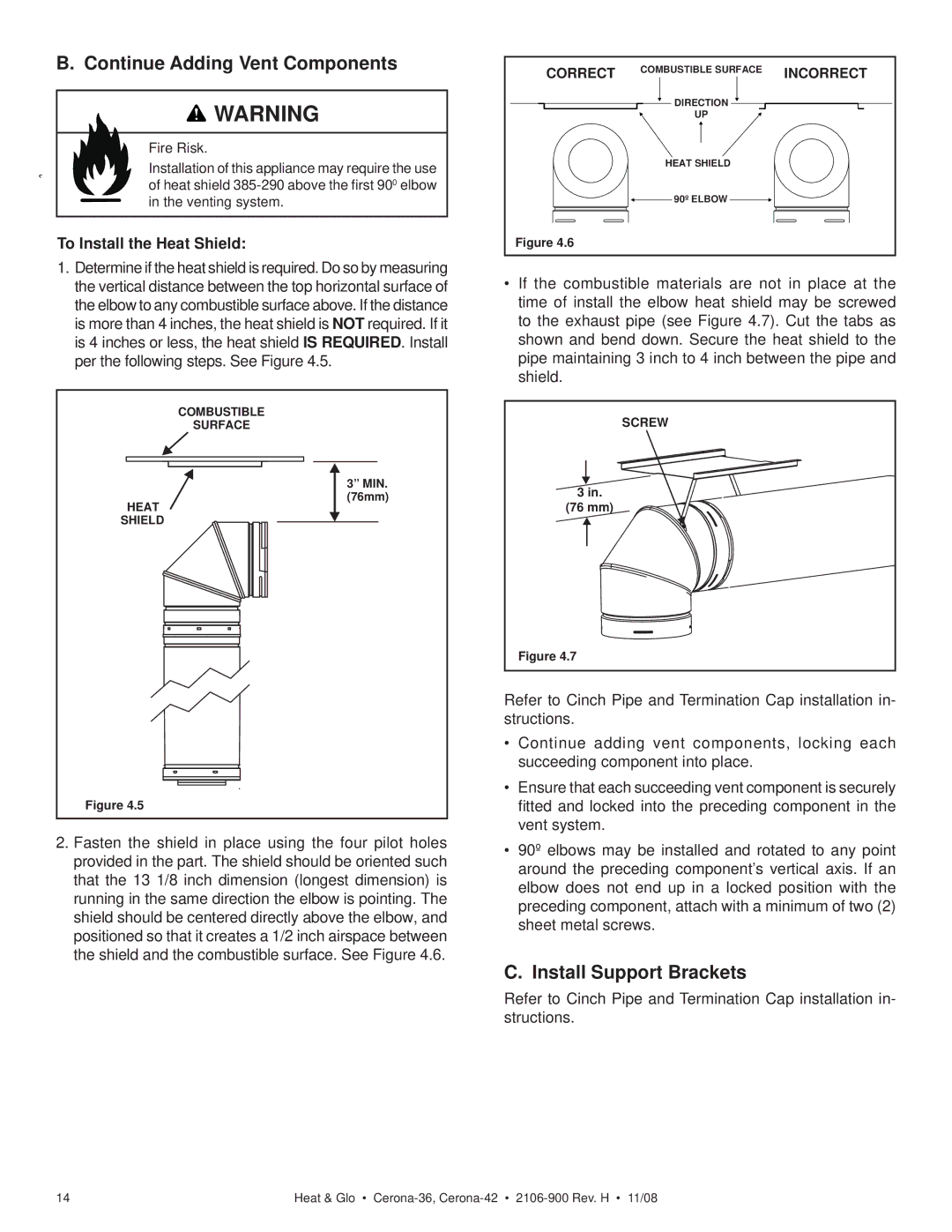 Hearth and Home Technologies CERONA-42 owner manual Continue Adding Vent Components, Install Support Brackets 