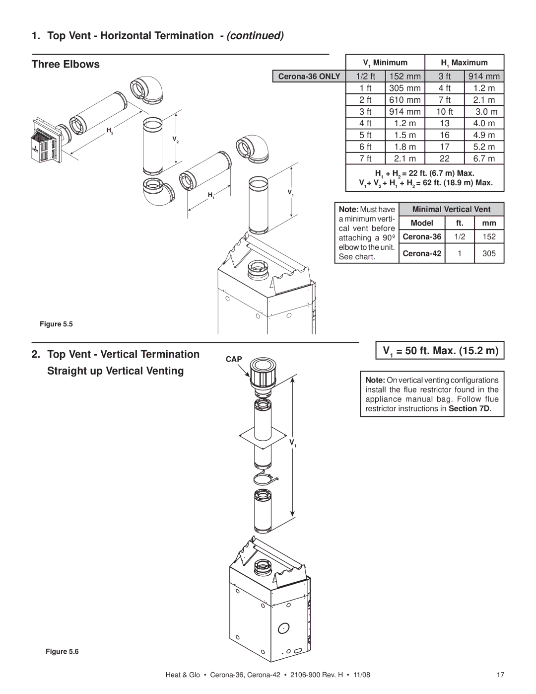 Hearth and Home Technologies CERONA-42 owner manual Top Vent Horizontal Termination Three Elbows, V1 = 50 ft. Max .2 m 