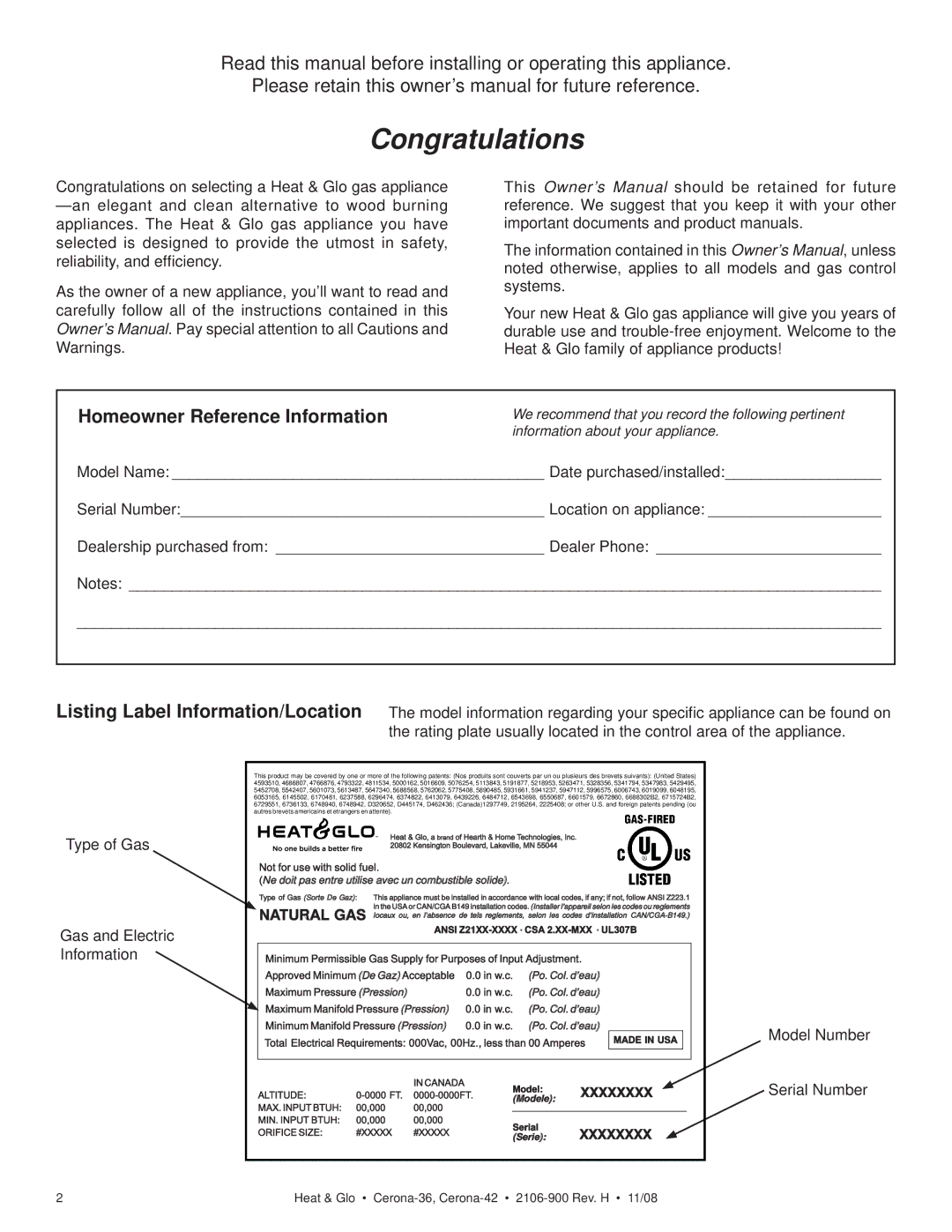 Hearth and Home Technologies CERONA-42 owner manual Homeowner Reference Information, Model Number Serial Number 