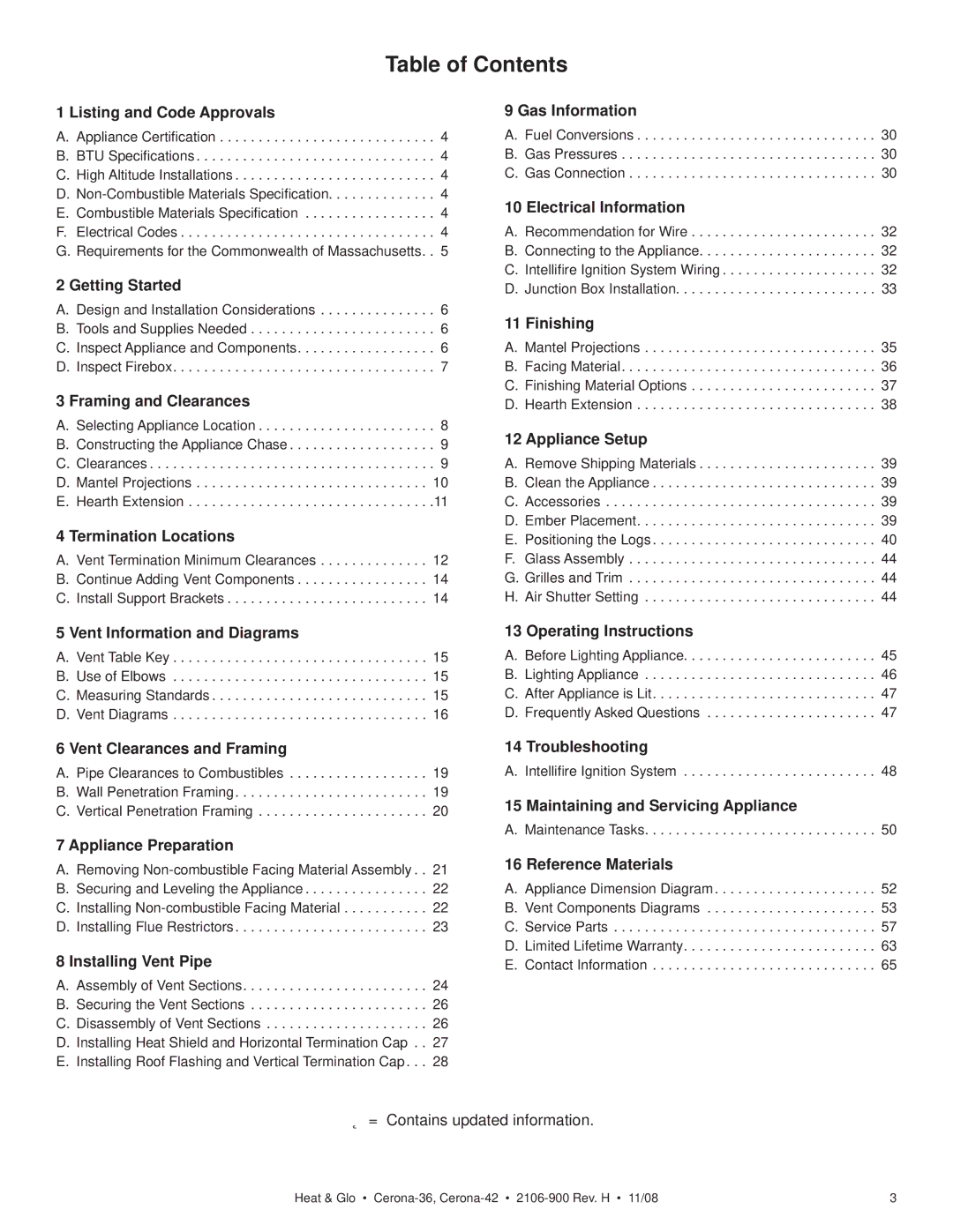 Hearth and Home Technologies CERONA-42 owner manual Table of Contents 