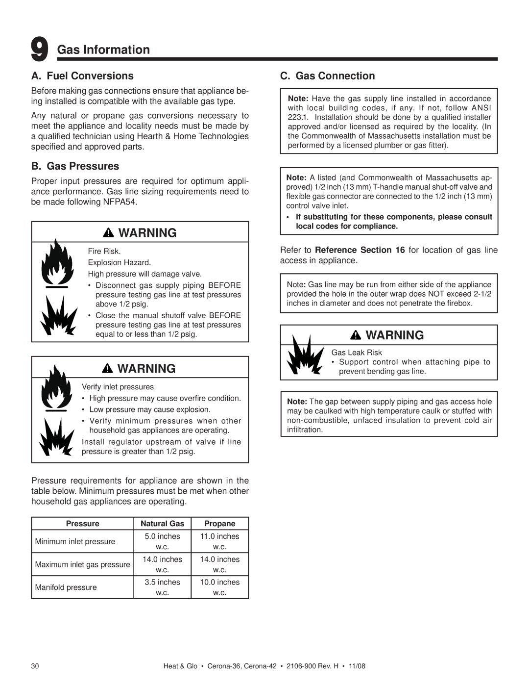 Hearth and Home Technologies CERONA-42 owner manual Gas Information, Fuel Conversions Gas Connection, Gas Pressures 