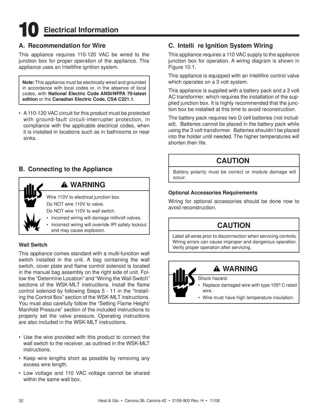 Hearth and Home Technologies CERONA-42 Electrical Information, Recommendation for Wire, Intelliﬁre Ignition System Wiring 