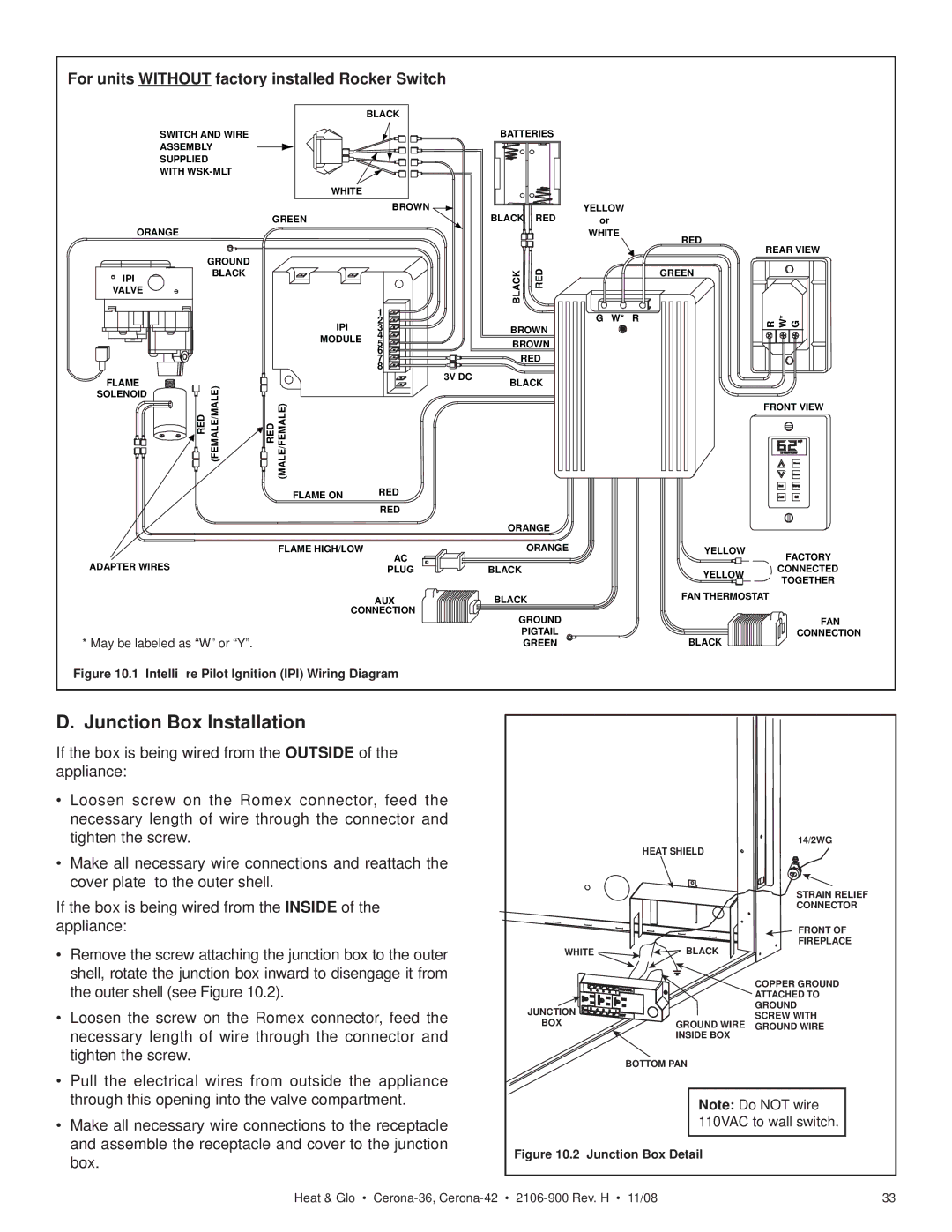 Hearth and Home Technologies CERONA-42 Junction Box Installation, For units Without factory installed Rocker Switch 