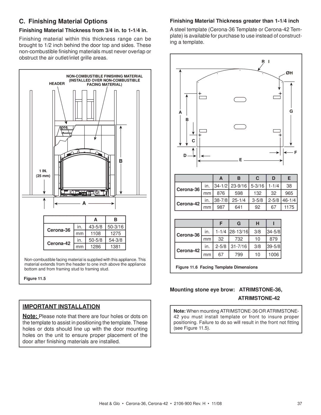 Hearth and Home Technologies CERONA-42 Finishing Material Options, Finishing Material Thickness from 3/4 in. to 1-1/4 