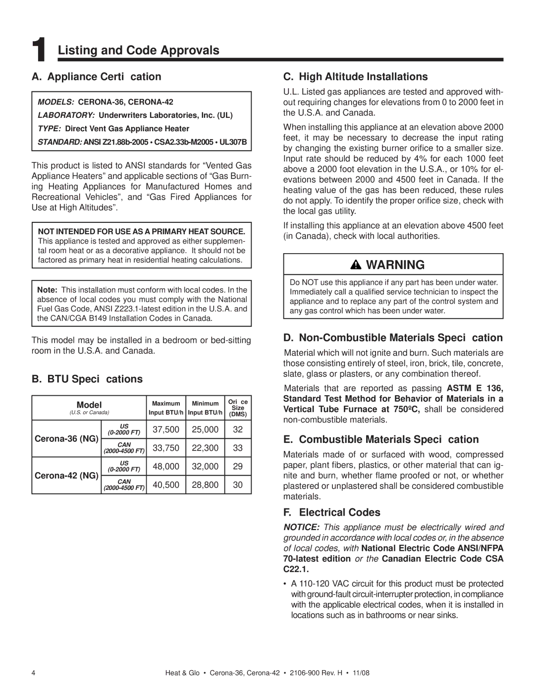 Hearth and Home Technologies CERONA-42 owner manual Listing and Code Approvals 