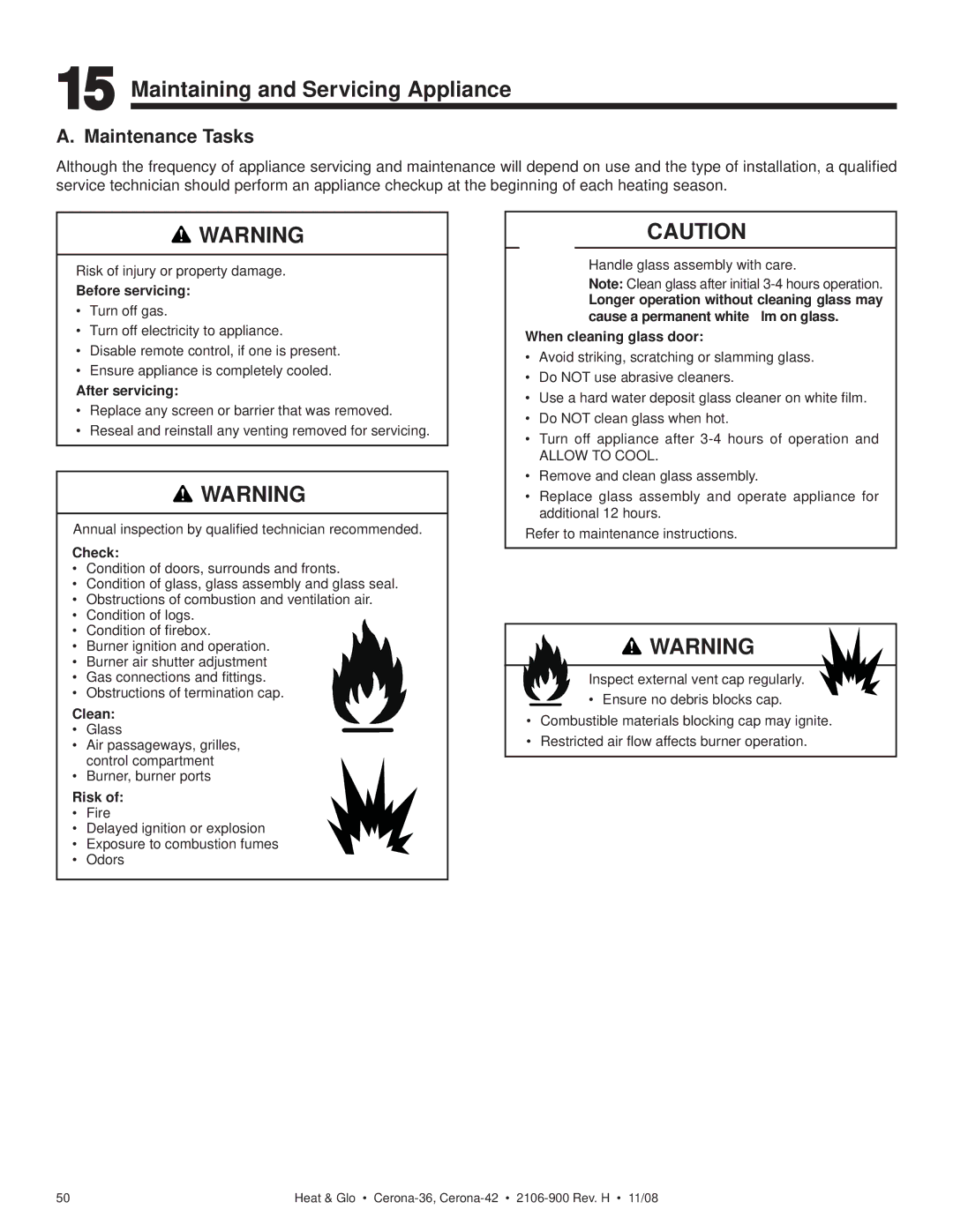 Hearth and Home Technologies CERONA-42 owner manual Maintaining and Servicing Appliance, Maintenance Tasks 