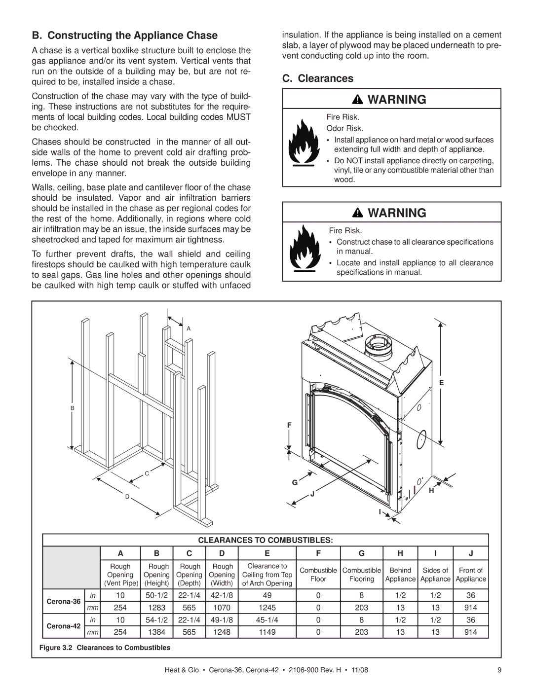 Hearth and Home Technologies CERONA-42 owner manual Constructing the Appliance Chase, Clearances 