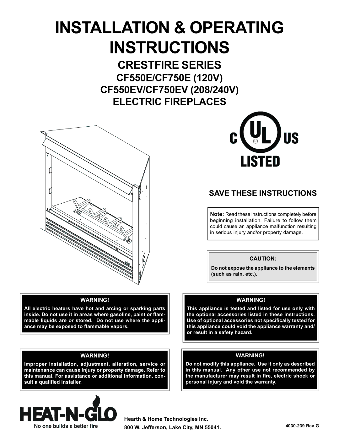 Hearth and Home Technologies CF750EV (208/240V) warranty Installation & Operating Instructions, Electric Fireplaces 
