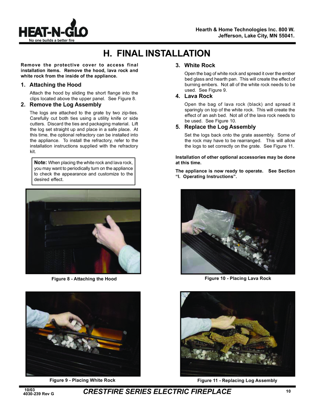 Hearth and Home Technologies CF750E (120V), CF550EV, CF750EV (208/240V) warranty Final Installation 