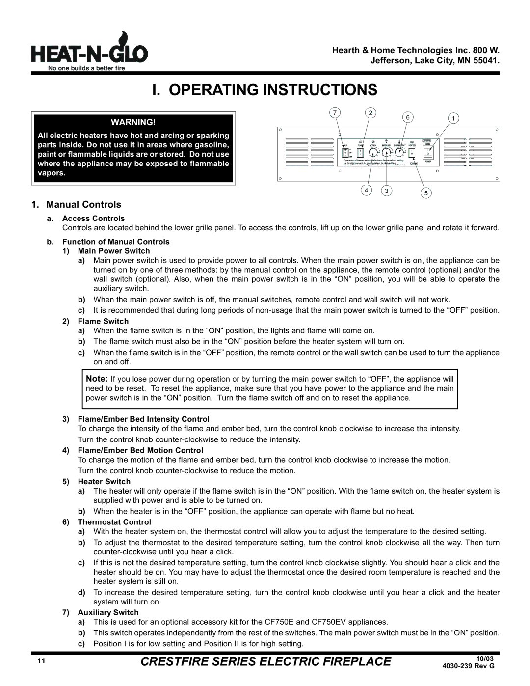 Hearth and Home Technologies CF550EV, CF750EV (208/240V), CF750E (120V) warranty Operating Instructions, Manual Controls 