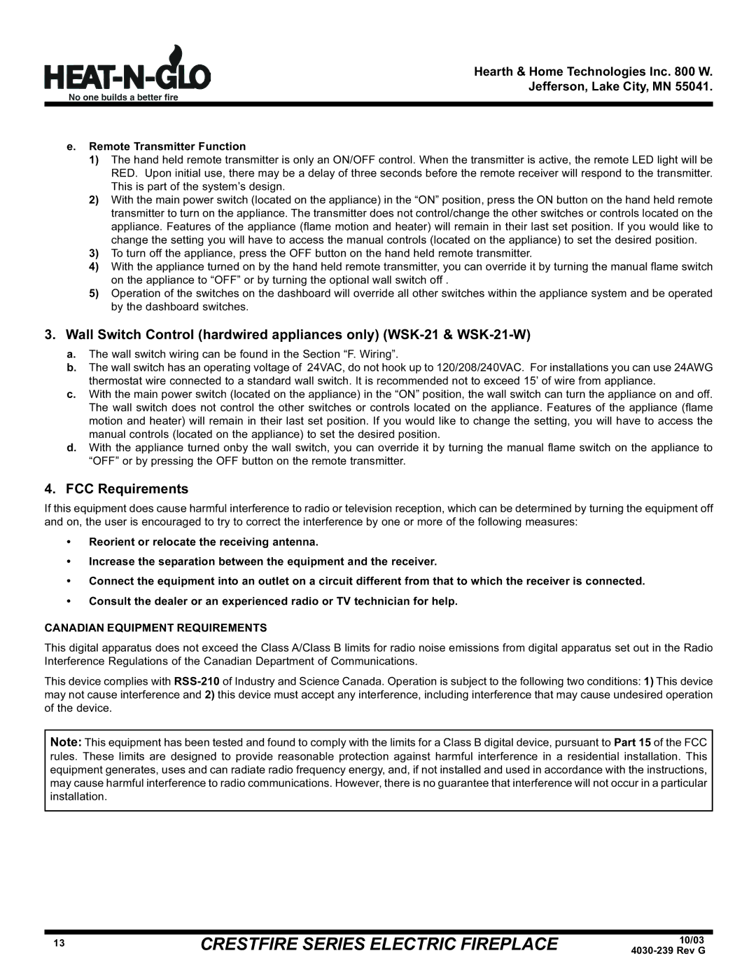 Hearth and Home Technologies CF750EV (208/240V), CF550EV, CF750E (120V) FCC Requirements, Remote Transmitter Function 