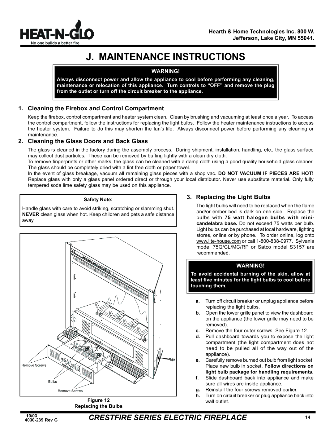 Hearth and Home Technologies CF750E (120V), CF550EV Maintenance Instructions, Cleaning the Firebox and Control Compartment 