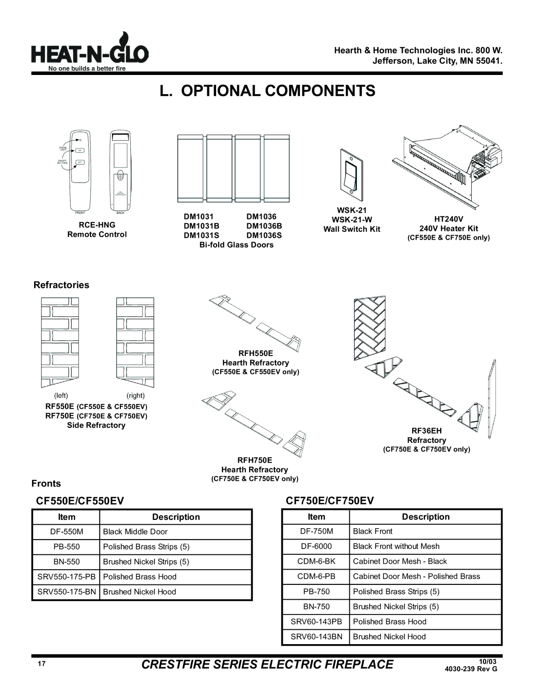 Hearth and Home Technologies CF750EV (208/240V), CF550EV, CF750E (120V) warranty Optional Components, Refractories, Fronts 