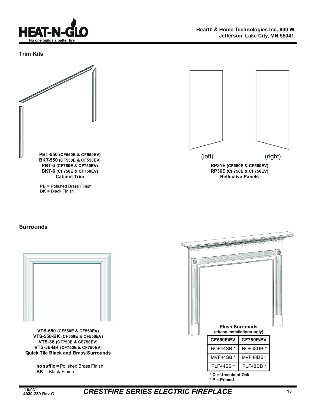 Hearth and Home Technologies CF750E (120V), CF550EV, CF750EV (208/240V) warranty Trim Kits, Surrounds, CF550E/EV CF750E/EV 